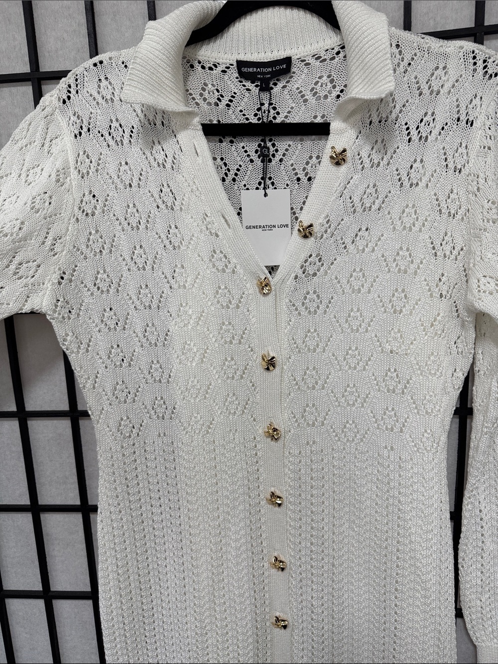 GENERATION LOVE Eleni Pointelle Knit Dress White L Gold Button Midi Cover Up - Picture 11 of 16